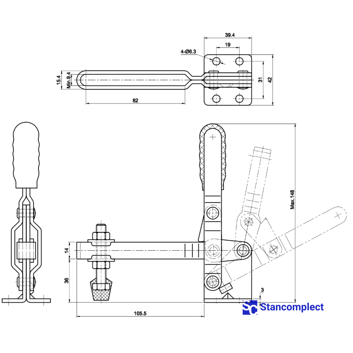 Quick release vertical toggle clamp ST-101-E - holding capacity 180 kg